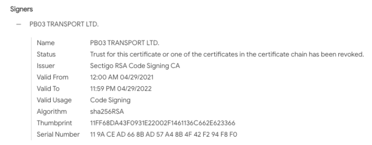 Certificate appears to have only been used by REvil malware that was deployed during this attack
