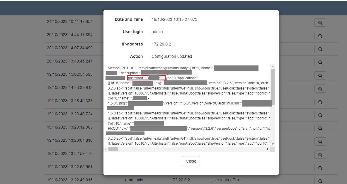 Password property contains a plaintext password to the given configuration